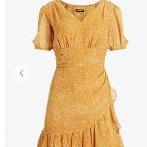 Express Dot Print Ruffle puff sleeve dress, yellow, L